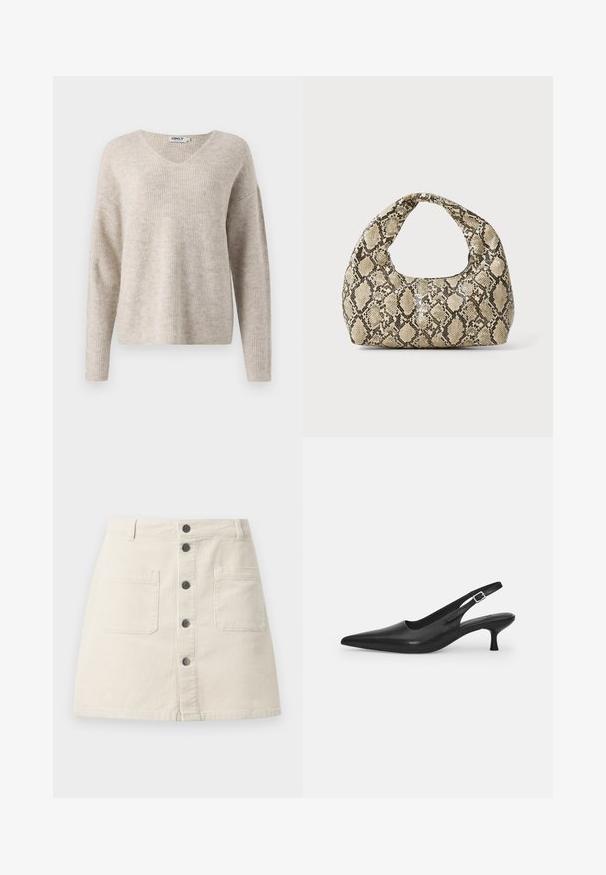 Bežani pleteni pulover s V-izrezom, dugim rukavima i opuštenim krojem. Ima teksturirani rebrasti uzorak. Oznaka branda vidljiva unutar izreza.; Bež mini suknja od kordura s prednjim kopčanjem na dugmad, dva velika proširena džepa i petlje za remen na struku.; Crne kožne slingback cipele s oštrim nosom i uskim, zakrivljenim potplatom. Imaju diskretnu podesivu traku s metalnom kopčom.; Torba s uzorkom zmije s zakrivljenom drškom. Izrađena od teksturiranih materijala u bež i smešnim tonovima, sa karakterističnim dijamantnim uzorkom.