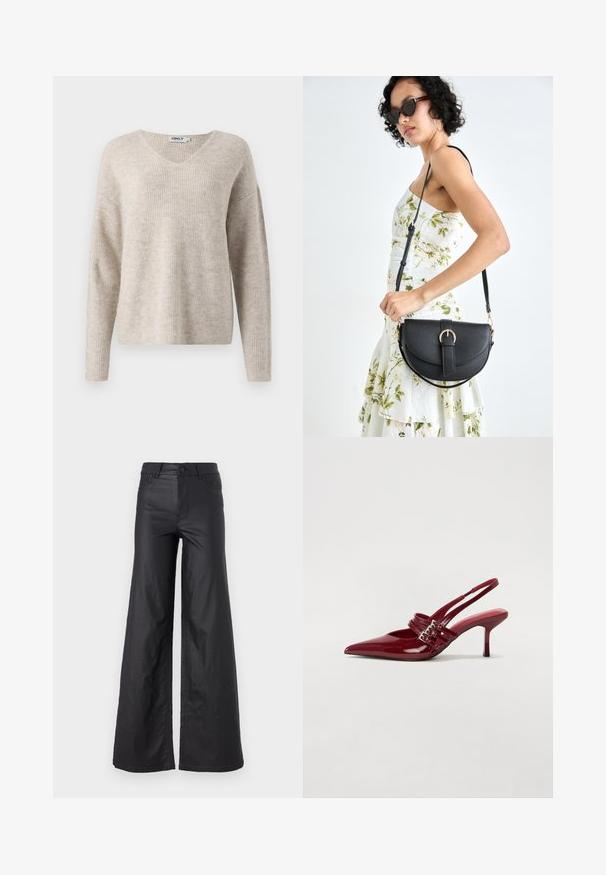 Bež pletena jopica z V-izrezom, dolgimi rokavi in sproščenim krojem. Ima strukturirano rebrasto testo. Oznaka blagovne znamke vidna znotraj izreza.; Črne, širokoglede hlače iz umetnega usnja. Imajo visok pas, zanke za pas, dva sprednja žepa in šivano detajliranje.; Rde lakirane sandalete na peto s ostrim nosom, dvema sponkami in tanko, srednje visokim peto središče. Gladka tekstura.; Črna usnjena torbica s ukrivljeno obliko, z odstranljivo naramnico in zlatimi dodatki. Torbica ima pokrov s podrobnostmi v obliki zaponke.
