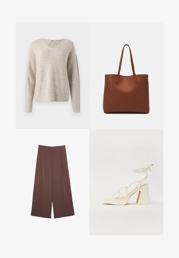 Beiger Strickpullover mit V-Ausschnitt, langen Ärmeln und lockerer Passform. Verfügt über ein strukturiertes Rippenmuster. Markenetikett im Nackenbereich sichtbar.; Braune Weite-Leg-Hosen mit einer glatten Textur, hoher Taille und Vorderfalten. Der Stoff ist leicht und fällt locker.; Weiße High-Heel-Sandale mit einem klobigen Absatz, die über ein Riemchendesign und ein Knöchelband verfügt. Glatte Textur mit einer Plattform vorne für zusätzliche Höhe.; Braune Leder-Tote mit glatter Textur, offenem Oberteil und zwei Schulterriemen. Verfügt über minimale Nähte und keine sichtbaren Beschläge.