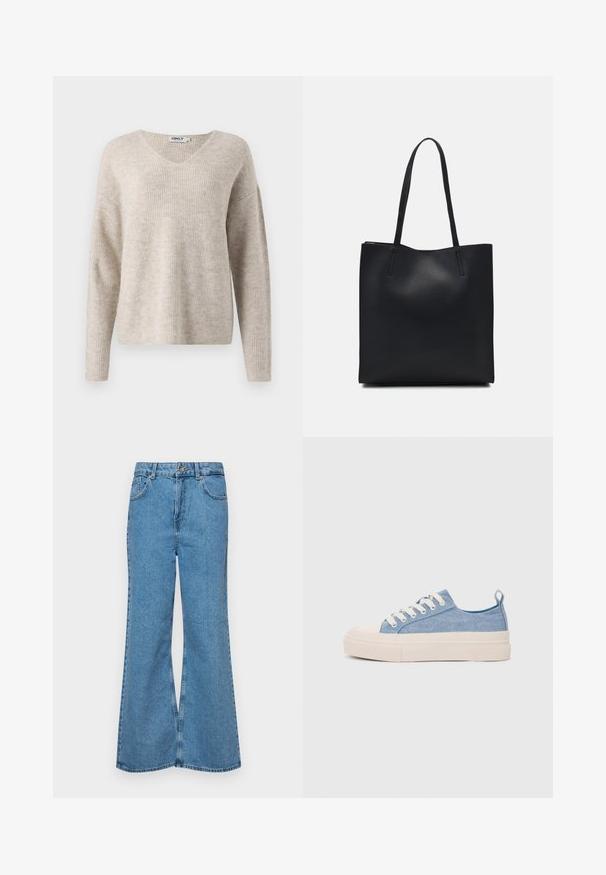 Beige strikkegenser med V-hals, lange ermer og en avslappet passform. Har et teksturert ribbestrikket mønster. Merkelappen er synlig inne i halsen.; Lyseblå vide jeans laget av denim, med høyt liv, fem lommer og en enkelt knappelukking. Myk tekstur med falmet finish.; Lys blå canvastøfler med en kremfarget gummitupp og yttersåle, med hvite snørebånd og en løfteløkke på hælen.; Svart lær tote bag med glatt tekstur, rektangulær form og to lange håndtak. Ingen synlige deler eller dekorasjoner.