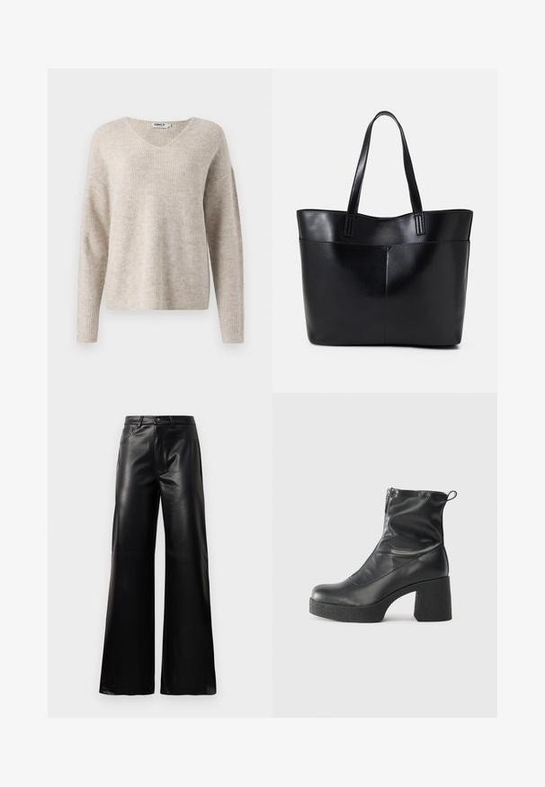 Beige knit sweater with a V-neck, long sleeves, and a relaxed fit. Features a textured ribbed pattern. Brand label visible inside the neckline.; Black high-waist wide-leg faux leather pants with front button, zip closure, belt loops, and side pockets on white background.; Black ankle boots made of smooth leather, featuring a side zipper, chunky textured heel, and rounded toe design.; Black leather tote bag with two long handles, a smooth texture, and a structured shape. Features a front pocket for additional storage.