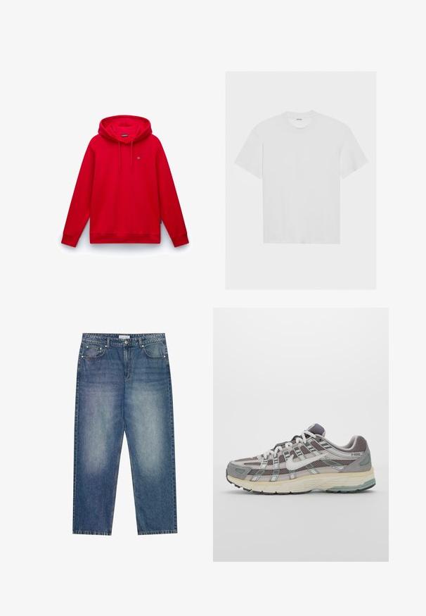 Felpa rossa con cappuccio, dotata di tasca a canguro, polsini e orlo a costine, e un piccolo logo ricamato sul petto. Texture del tessuto liscia.; T-shirt bianco in cotone con maniche corte, colletto girocollo e vestibilità comoda. Texture liscia senza motivi o decorazioni visibili.; Jeans in denim azzurro chiaro con una vestibilità ampia, gambe dritte, cinque tasche e cuciture a contrasto. Presentano una chiusura con bottone e zip.; Scarpa sportiva grigia con tomaia in mesh e suede, dettagli bianchi, suola ammortizzata e un design distintivo con elementi riflettenti.