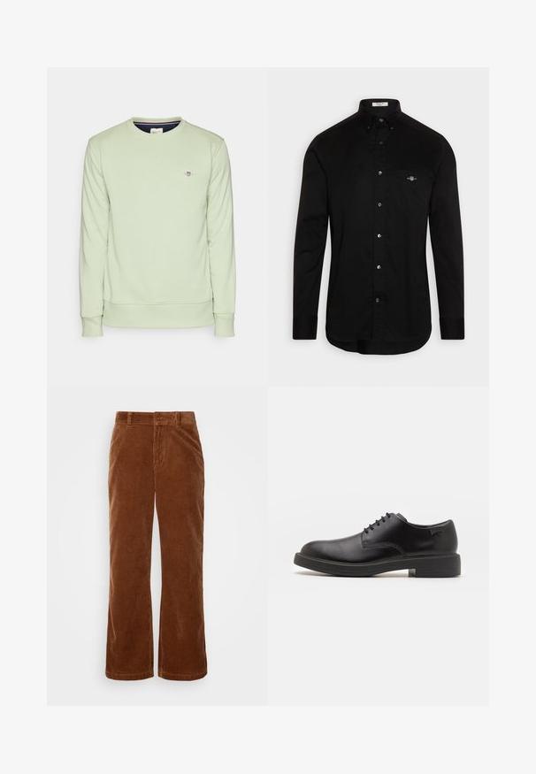 Light green sweatshirt with long sleeves, ribbed cuffs, and hem. Features a small embroidered logo on the chest. Soft texture.; Black button-up shirt made of cotton, featuring a pointed collar, long sleeves, and a chest pocket with a small logo stitched in color.; Brown corduroy trousers with a wide-leg design, featuring vertical ribbed texture, a button closure, and standard belt loops.; Black leather lace-up shoe with a rounded toe, smooth texture, minimal stitching, and a low rubber heel. Logo on the heel.