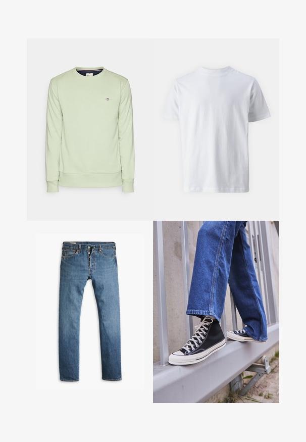 Lys grønn genser med lange ermer, ribbestrikkede mansjetter og kant. Har en liten brodert logo på brystet. Myk tekstur.; Hvit kortermet t-skjorte laget av bomull, med rund hals og en jevn tekstur, rett snitt og uten mønstre.; Blå denimjeans med rett ben, med knappestolpe, fem lommer og subtil falmet tekstur over hele.; Svarte høy-hælte joggesko med hvit såle og snøring, paired med løse blå denim-jeans, hvilende på et grått rekkverk.