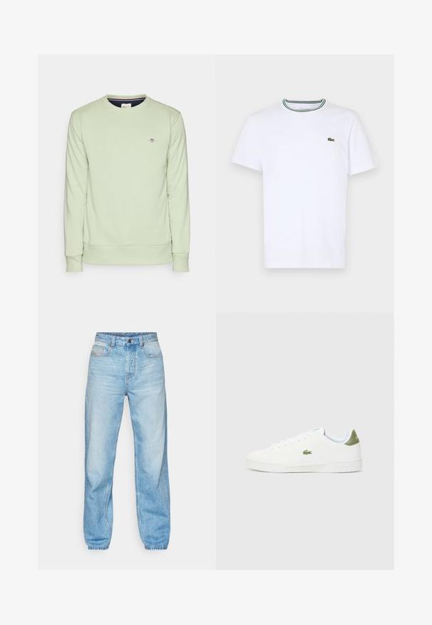 Svetlozeleno majico s dolgimi rokavi, z nabranimi manšeti in robom. Ima majhno vezeno logo na prsih. Mehka tekstura.; Bela bombažna majica s kratkimi rokavi z ribastim ovratnikom, ki ima zelene in črne črte; majhen zeleni vezen logotip na levem prsnem delu.; Svetlo modri džins hlače iz denima, z naravnim krojem, petimi žepi in vidnim zapenjanjem z gumbi ter kontrastnim šivom.; Bele tene čevlje z gladko teksturo, ki imajo zeleno poudarjanje na peti in majhen vezen kroko logo ob strani.