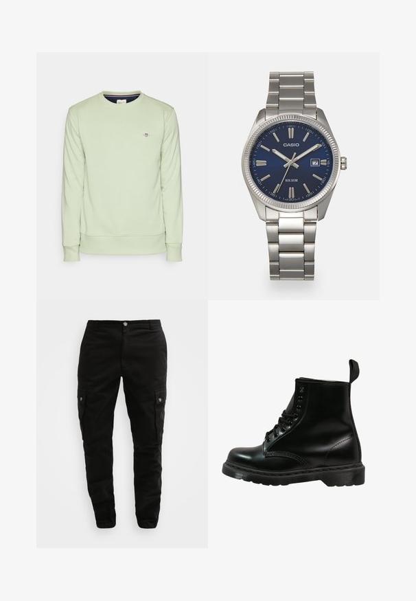 Gaiši zaļš džemperis ar garām piedurknēm, ribotām aprocēm un apakšmalu. Iekļauj nelielu izšūtu logotipu uz krūtīm. Mīksta tekstūra.; Melni cargo bikses, izgatavotas no izturīga auduma, ar sānu kabatām, pogu aizdari un šauru piegriezumu. Gluda tekstūra ar minimālu detaļu skaitu.; Melnas ādas zābaks ar noapaļotu purngalu, auklu dizainu, sešām caurumiem un strukturētu gumijas zoli. Aizmugurē ir cilpa, lai vieglāk uzvilktu.; Sudraba nerūsējošā tērauda rokas pulkstenis ar tumši zilu ciparnīcu, metalizētiem stundu rādītājiem un datuma logu pie pulksten 3. Ūdensizturīgs līdz 50 metriem.