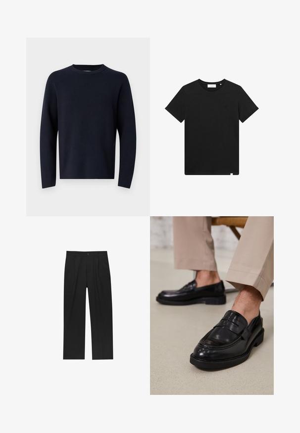 Pulover bleumarin, cu guler rotund, mâneci lungi, fabricat dintr-un material moale cu o textură fină. Design simplu, fără modele sau elemente metalice vizibile.; Tricou scurt cu mânecă, de culoare neagră, realizat din bumbac, cu guler tip crew și un mic logo brodat pe piept. Textură netedă, croială standard.; Pantaloni negri cu un design drept, fabricați dintr-un material neted. Au plisse în față și un sistem de închidere cu un singur buton la talie.; Loafers negre din piele cu o finisare netedă, având o curea decorativă și cusături contrastante, asortați cu pantaloni bej.