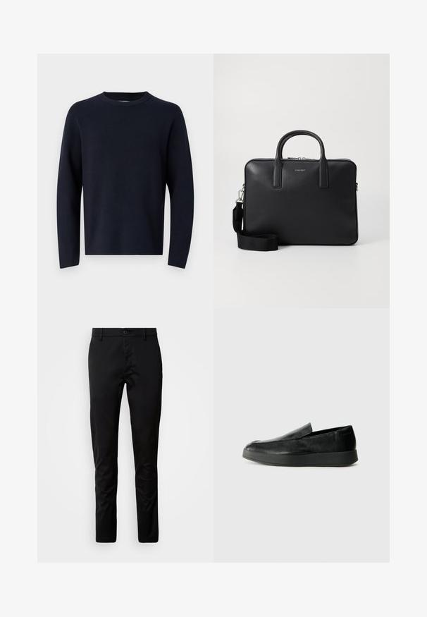 Tengerészkék pulóver, kerek nyakkivágással, hosszú ujjakkal, puha anyagból, sima felülettel. Egyszerű dizájn, nincs látható minta vagy fémrész.; Fekete, slim fit nadrág, sima szövetből készült. Gombos derékrésszel és egyenes lábakkal rendelkezik.; Calvin Klein HYBRID CUP - Belebújós cipők - triple black; Fekete bőr aktatáska strukturált felülettel, kettős fogantyúval, levehető vállpánttal és elülső logóval. Cipzáras záródás.