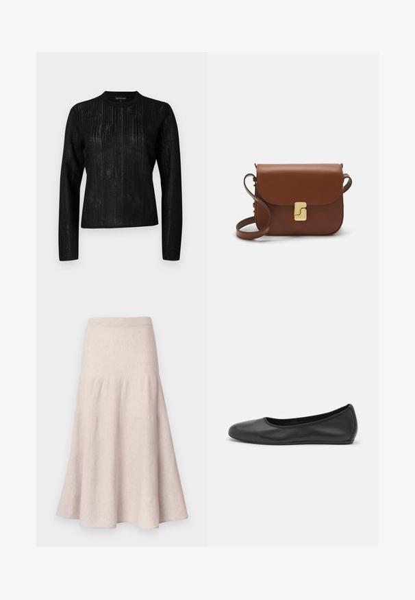 Schwarzes Langarmshirt mit strukturiertem Streifenmuster. Runder Halsausschnitt und gerade Passform, aus leichtem, leicht transparentem Stoff gefertigt.; Weißes kurzärmliges T-Shirt aus geripptem Stoff. Runder Halsausschnitt, normale Passform und dezente Nähte. Keine Muster oder Grafiken.; Hellbeiger ausgestellter Rock aus weichem Stoff, mit hoher Taille und gerafftem Design sowie einer fließenden Silhouette.; Schwarze Leder-Ballettschuhe mit abgerundeter Spitze, glatter Textur, minimalen Nähdetails und einem flexiblen Sohlen-Design.; Braune Ledertasche mit Klappenverschluss, Beschlägen in Goldfarbe, einem Schultergurt und einer glatten Oberfläche. Kompakte rechteckige Form.