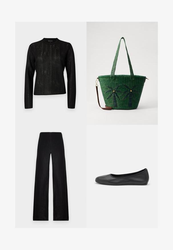 Maglietta nera a maniche lunghe con un design a righe testurizzato. Collo rotondo e vestibilità dritta, realizzata in un tessuto leggero e leggermente trasparente.; Pantaloni larghi neri realizzati in tessuto leggero. Presentano un vita alta, una texture liscia e linee pulite senza tasche o decorazioni.; Pantofole da balletto nere in pelle con punta arrotondata, texture liscia, dettagli di cucitura minimi e design con suola flessibile.; Borsa a rete verde con design di palme in verde scuro; presenta due manici e una tracolla staccabile in pelle marrone.