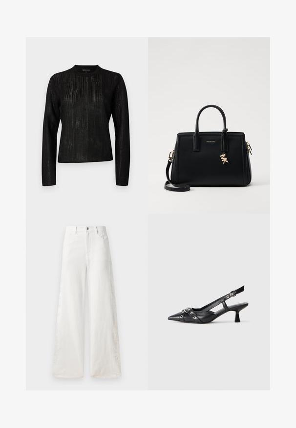 Črna majica z dolgimi rokavi s teksturiranim prugastim dizajnom. Okrogli izrez in ravna oblika, izdelana iz lahkega, nekoliko prosojnega materiala.; Bele široké jeans hlačnice iz denima, ki vključujejo stranske vezenine in klasičen pet-pocket dizajn. Zadrga za zapiranje s gumbom.; Črne usnjene sandale središnje zaponke z ostro konico, okrasnimi trakovi z kovinskimi očesi in nizko blokasto peto. Teksturirana površina.; Črna usnjena torbica s strukturirano zasnovo, dvema zgornjima ročajema, odstranjevanim naramnim trakom, zlatim okovjem in dodatkom z logotipom.