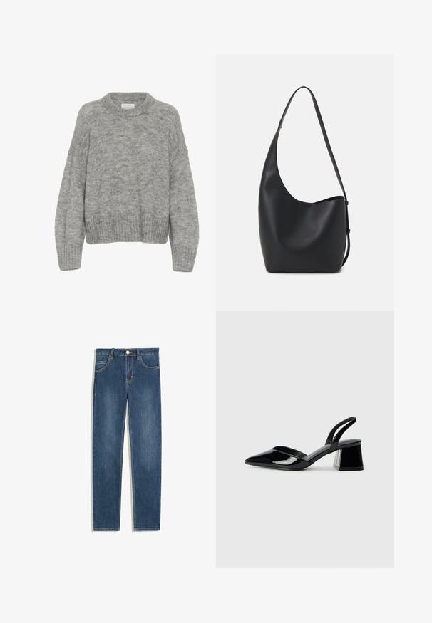Part Two LULYA - Jumper - medium grey melange; Dark blue denim jeans with a straight fit, five pockets, subtle stitching detail, and a metal button at the waist.; Black patent leather slingback heels with a pointed toe and a geometric block heel. Features a sleek, minimal design and smooth texture.; Black leather hobo bag with a smooth texture, curved shape, and single adjustable strap; features a wide opening at the top.