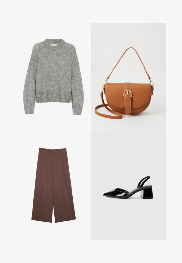 Part Two LULYA - Neule - medium grey melange; Ruskeat leveälahkeiset housut, joissa on sileä pinta, korkea vyötärö ja etupleat. Kangas on kevyttä ja laskeutuu väljänä.; Mustat patentoitu nahkakengät, joissa on säären takaosa ja terävä kärki, sekä geometrinen palikkakorko. Sisältää tyylikkään, minimalistisen muotoilun ja sileän pinnan.; Ruskean nahkainen olkalaukku, jossa on kaareva muoto, kultaiset yksityiskohdat ja solkiyksityiskohta. Varustettu irrotettavalla olkahihnalla.