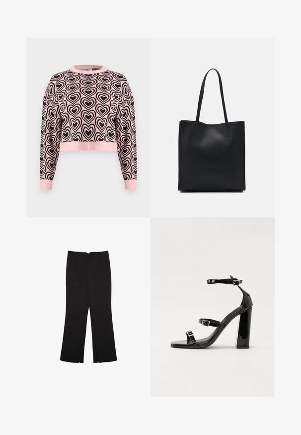 Roza skrajšan pulover z vzorcem črnih src, rebrastim okruglim izrezom in manšetami. Material se zdi mehak z teksturirano površino.; Črne hlače ravnega kroja z naglavnimi žepi in stranskimi razporki na robu. Narejene iz mehke, gladke tkanine. Primerne za različne priložnosti.; Črne lakirane sandale s peto, kvadratnim prstom, trakovi okrog gležnja in srebrnimi zaponkami. Opremljene so s stabilno Debelo peto.; Črna usnjena torba s svilnato teksturo, pravokotne oblike in dvema dolgima ročajema. Brez vidnih metalnih delov ali okrasnih elementov.