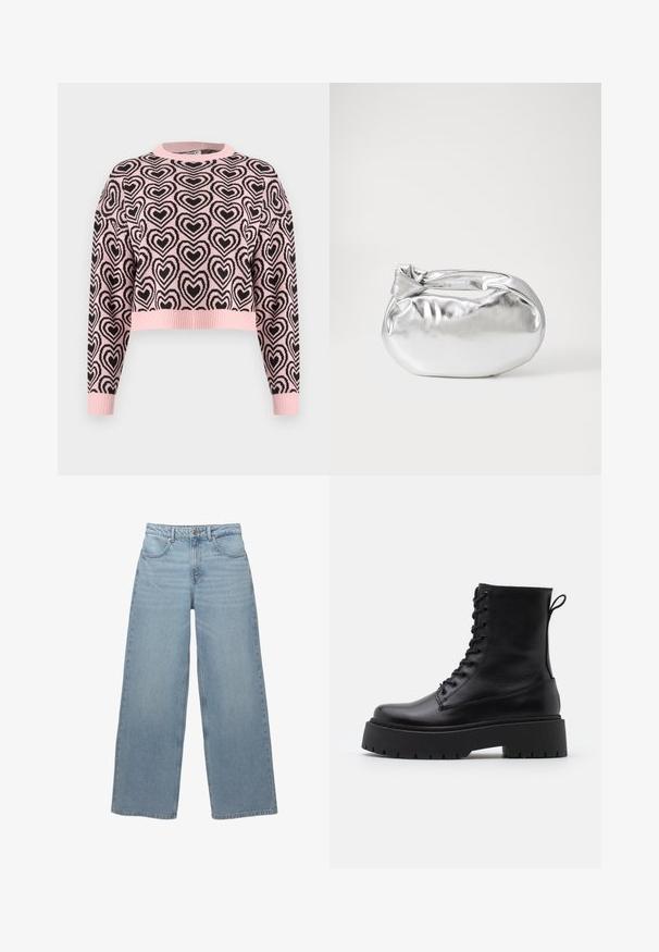 Rosa cropped Pullover mit einem schwarzen Herzmuster, geripptem Rundhalsausschnitt und Bündchen. Das Material wirkt weich mit einer strukturierten Oberfläche.; Hellblaue weit geschnittene Jeans aus Baumwoll-Denim, mit fünf Taschen, einem vorderen Knopfverschluss und minimalen Fransen am Saum.; Schwarze Lederstiefeletten mit runder Zehenpartie, Schnürung vorne und einer dicken Gummisohle mit strukturiertem Profil. Mit Zugschlaufe an der Rückseite.; Silberne metallic Pouch-Tasche mit einer sanften, abgerundeten Form und einem geknoteten Verschluss oben. Hergestellt aus glattem Kunstleder.; Silberne Creolen mit minimalistischem Design. Rundform, glatte Oberfläche und dünnes Profil. Leichtgewichtig mit hochglänzender Oberfläche.