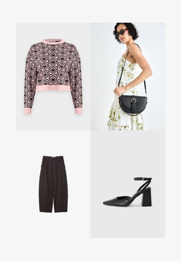 Ružičasti skraćeni pulover s crnim uzorkom srca, rebrastim okruglim izrezom i manžetama. Materijal izgleda mekano s teksturiranim završetkom.; Crne široke hlače napravljene od glatke tkanine, s visokim strukom, prednjim nabranjima i bočnim džepovima. Jednostavan dizajn bez ukrasa.; Crne kožne cipele s špicastim vrhom, remenom oko gležnja i debelim potplatom. Ravna tekstura, elegantan dizajn i minimalistička estetika.; Crna kožna torba s lukovitim oblikom, odvojivim remenom i zlatnim detaljima. Torba ima preklop s kopčom.