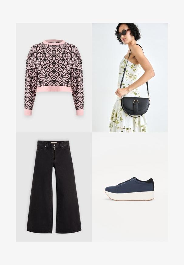 Rožinė trumpa megztinė su juodu širdies raštu, su raštuotu apvaliu iškirpimu ir rankogaliais. Medžiaga atrodo minkšta ir su tekstūruotu paviršiumi.; Plačios kojų džinsai iš juodo džinsinio audinio su užtrauktuku priekyje, penkių kišenių dizainu ir subtiliais siuvinėjimo akcentais. Lygus paviršius ir laisvalaikio stilius.; Tamsiai mėlynas sportinis batelis su tekstūruotu audiniu viršuje, baltu platformos padu, apvaliu pirštu ir juodu kulno akcentu.š. Yra šešios skylės raišteliams.; Juodas odinis krepšys su išlenkta forma, nuimamu dirželiu ir auksiniais detalėmis. Krepšys turi kilpą su sagtimi.