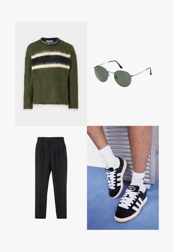 The Ragged Priest COLLEGIATE JUMPER - Pullover - multi; Pantalons noirs avec un design de devant plissé, fabriqués à partir d'un tissu lisse. Comprend une fermeture par bouton et des passants de ceinture ; coupe droite.; Baskets en suede noir avec des lacets blancs et trois rayures blanches. Présente un logo circulaire noir sur la languette et une semelle en caoutchouc beige.; Lunettes de soleil en métal avec des verres ovales verts. Monture en métal argenté mince et embouts d'oreille noirs. Design minimaliste, sans logos visibles.