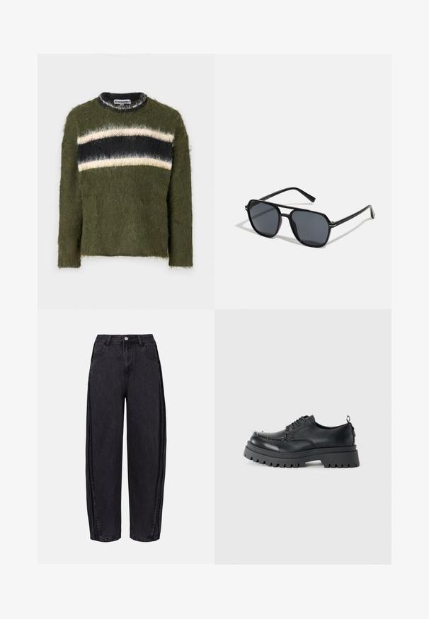 The Ragged Priest COLLEGIATE JUMPER - Jumper - multi; Black wide-leg jeans made of denim with a smooth texture. Features a high waist, front pockets, and button closure at the waistband.; Black chunky leather lace-up shoe with thick rugged sole and metal eyelets on toe area, photographed against a plain light background.; Black sunglases with octagonal frame, dark lenses, glossy finish, thin temples, and gold accents on the front.