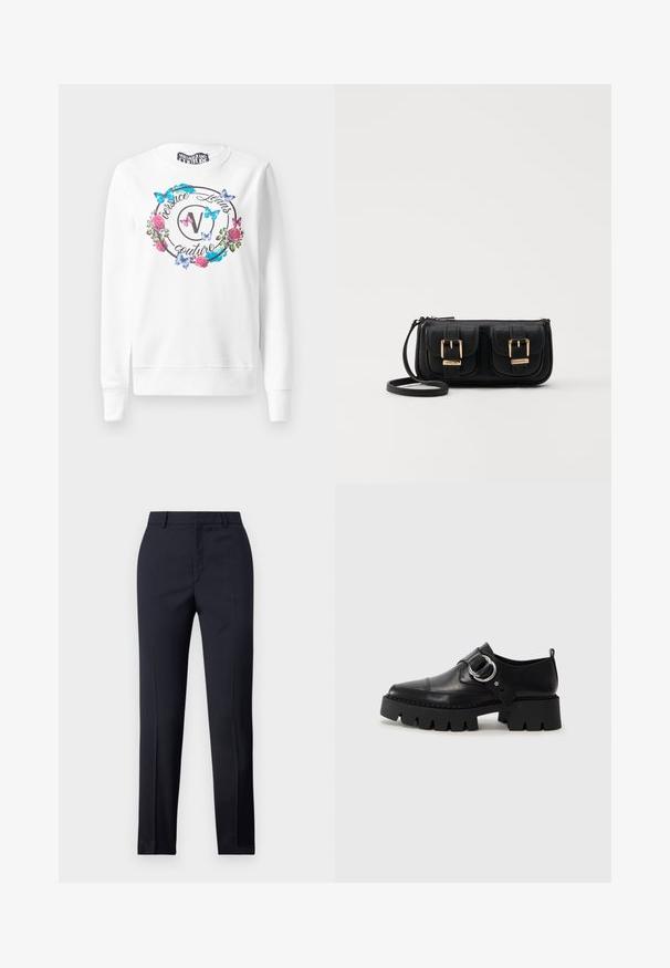 Hvit genser med rund hals, med et blomster- og sommerfuglmotiv rundt en logo. Blandingsstoff i bomull, ribbestrikkede mansjetter på ermene.; Marinefargede skreddersydde bukser med rett snitt, med en glatt tekstur, to frontlommer og en ren linning.; Sorte læringssko med en kraftig ribbet såle, som har en sirkulær sølvfarget detalj og minimal sømdekorasjon.; Svart skinn crossbody veske med to frontlommer, gyldne spenner, glidelåslukking og en slank stropp. Teksturert overflate og kompakt rektangulær form.