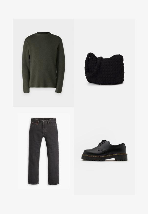 Tume roheline kudum, valmistatud pehmest kudumiskangast. Ümar kaelus, pikad varrukad ja mugav lõige, millel on sile tekstuur.; Mustad sirgedega teksased viie tasku, nööbiga kinnitamine ja vasknupud, laotatud tasasele valgele taustale.; Must musta lesti kingad ümarate varvastega, tekstureeritud kummitald ja kollane õmblus aluse ääres. Lame disain ja sile viimistlus.; Must mustkott, millel on tekstuuriga tikitud muster. Ümar kuju, lühikesed ja jämedad sangad ning pehme, paindlik struktuur.