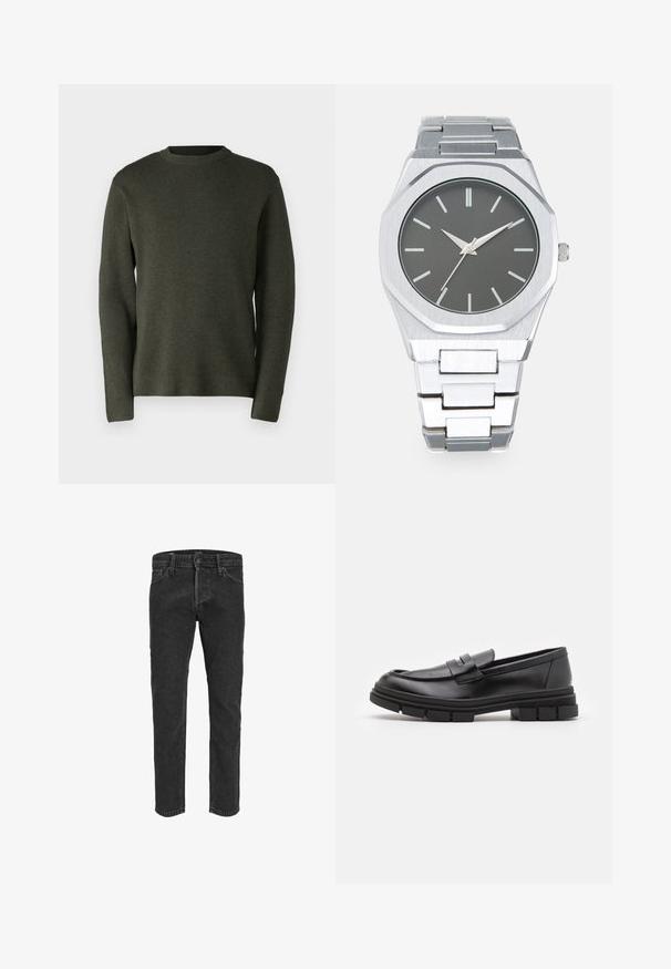 Tumma vihreä neulepusero, valmistettu pehmeästä neuloksesta. Pyöreä kaula-aukko, pitkät hihat ja rento istuvuus, jossa on sileä pinta.; Mustat farkut suoran lahkeen muotoilulla, viidellä taskulla ja vyölenkeillä, joissa on hieman haalistunut pinta ja kontrastiväriset tikkaus.; Mustat nahkaa olevat loaferit, joissa on sileä pinta, varustettuna edessä olevalla hihnalla ja paksulla kumipohjalla, jossa on uritettua muotoilua.; Harmaa kellotaulu, hopeinen analoginen kello, jossa on oktogonaalinen kuori, hopeaiset tuntimerkinnät ja ruostumatonta terästä valmistettu linkkiranneke. Minimalistinen muotoilu, jossa on sileä pinta.