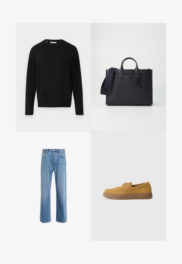 Pulôver preto em malha com decote redondo, mangas longas e corte descontraído. Textura suave, design minimalista, sem padrões ou adornos.; Calças de ganga azul claro com um design de perna reta, cinco bolsos, fecho de botão, desgaste mínimo e detalhes de costura em contraste.; Sapatos slip-on em camurça castanha com um acabamento texturizado, bico redondo e sola de borracha em contraste. Apresenta uma marcação discreta próximo ao calcanhar.; Pasta de couro azul-marinho escura com alças superiores duplas e uma alça destacável. Apresenta um acabamento texturizado, costura vertical e detalhe do logotipo.