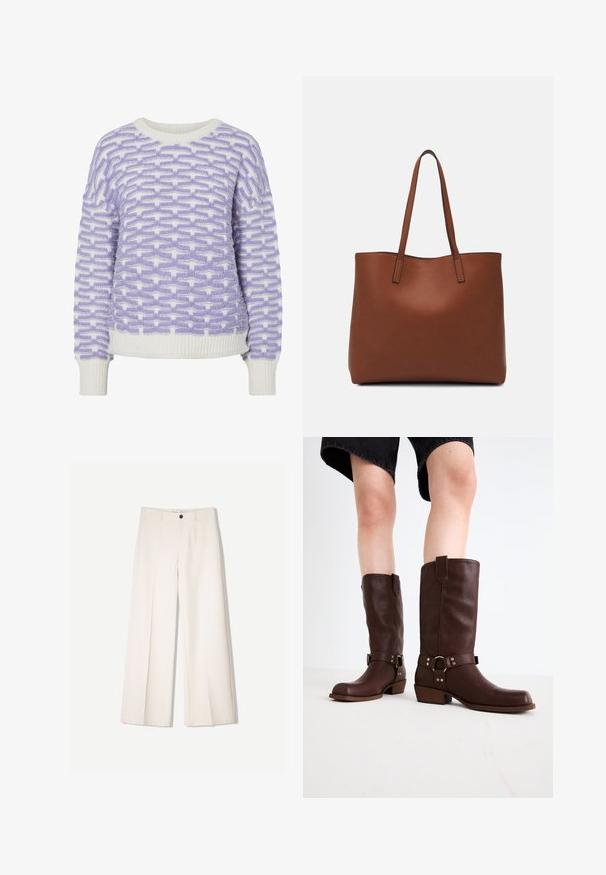 Knit sweater in white with a purple woven pattern. Ribbed neckline and cuffs. Boxy shape with textured finish.; Cream wide-leg trousers with a tailored design, featuring two front pockets and a single front button closure, made from smooth fabric.; Brown leather knee-high boots with a rounded toe, textured surface, ankle strap, and silver hardware detail; stacked heel.; Brown leather tote bag with a smooth texture, open top design, and two shoulder straps. Features minimal stitching and no visible hardware.