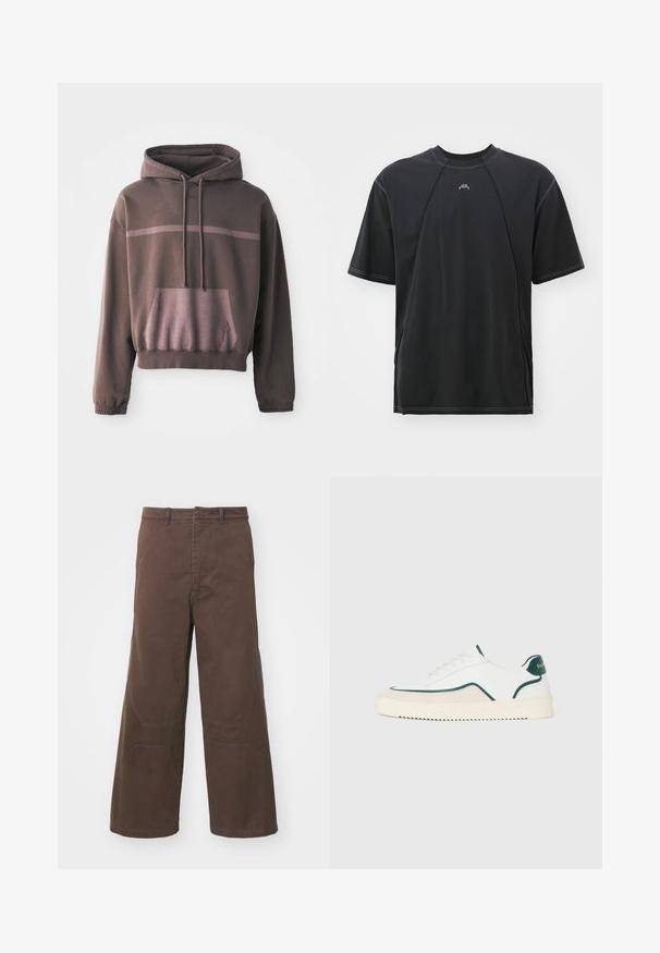 Haut à manches courtes, surdimensionné, de couleur marron foncé avec une bande dégradée de marron clair, poche à l'avant et capuche avec cordon de serrage. Tissu en mélange de coton doux.; T-shirt noir à manches courtes avec un col rond, doté de coutures contrastées et d'un petit logo sur la poitrine. Fabriqué en coton doux.; Pantalons larges marron en coton durable. Comprend des poches à rabat à l'avant et des détails de genou renforcés pour une fonctionnalité accrue.; Baskets basses blanches avec des bords verts, des détails en suède beige et une semelle de couleur crème avec un fond rainuré.
