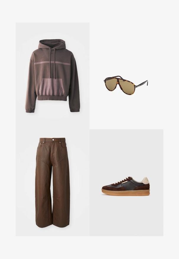 Kortærmet, oversized hættetrøje i mørkebrun med en gradient lys brun stribe, frontlomme og snøre i hætten. Blødt bomuldsblanding stof.; Bredde læderbukser i brun med fem lommer og knaplukning, præsenteret på en neutral hvid baggrund.; Brune ruskinds- og lædersneakers med en gummisål, der har cremefarvede accenter og hvide snørebånd. Rund snude og minimal detaljer.; Skildpaddemønstret solbriller med brune linser, aviator-stil, med et slankt rammedesign og metalliske detaljer på stængerne.