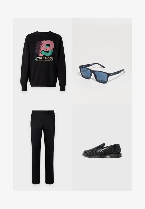 Svart hettegenser med ribbestrikkede mansjetter og kant. Har et flerfarget grafisk trykk med teksten "ATHLÉTIQUE" og bynavn i hvitt nedenfor.; Sorte bukser laget av glatt stoff, med rett ben design, frontfold og beltestropper i midjen. Ingen synlige mønstre eller detaljer.; Sorte vevde slip-on sko med en glatt lærdetalj på overdelen, design med rund tå og en lavprofil gummisåle.; Blå rektangulære solbriller med mørke linser, matt marineblå ramme, logo-detajler på stengene, rette armer og en solid, glatt tekstur.