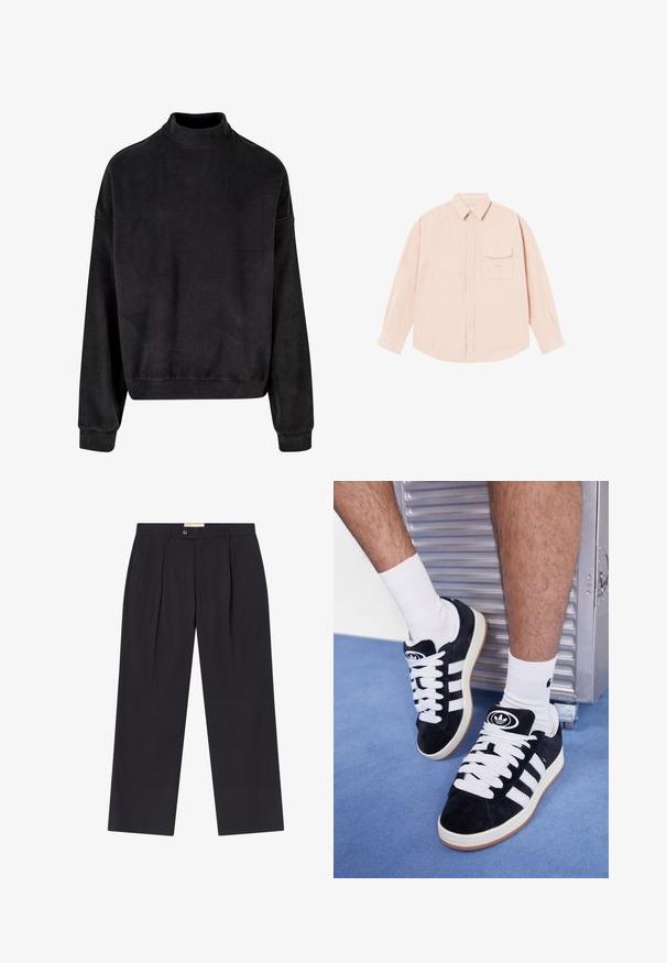Felpa nera con collo alto, maniche lunghe e vestibilità morbida. Realizzata in un tessuto morbido con una texture liscia e polsini a coste.; Camicia a maniche lunghe di un rosa chiaro, realizzata in un tessuto morbido, dotata di colletto alla francese, taschino frontale e un sottile logo ricamato sul petto.; Pantaloni scuri navy su misura con vita alta, due pieghe frontali, chiusura con bottone e gamba dritta in tessuto liscio.; Sneakers in suede nero con lacci bianchi e tre strisce bianche. Presentano un logo circolare nero sulla linguetta e una suola in gomma color gomma.