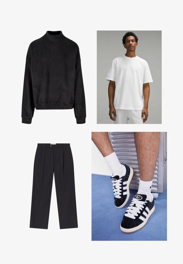 Černá mikina s vysokým límcem, dlouhými rukávy a volným střihem. Vyrobena z měkké látky s hladkou texturou a žebrovanými manžetami.; Bílý bavlněný tričko s krátkým rukávem, kulatým výstřihem a volným střihem. Hladká textura, jednobarevný design, bez viditelných vzorů nebo akcentů.; Upravené tmavě námořnické kalhoty s vysokým pasem, dvěma předními záhyby, zapínáním na knoflík a rovnými nohavicemi z hladkého materiálu.; Černé semišové tenisky s bílými tkaničkami a třemi bílými pruhy. Mají kulatou černou logo na jazyku a gumovou podrážku.