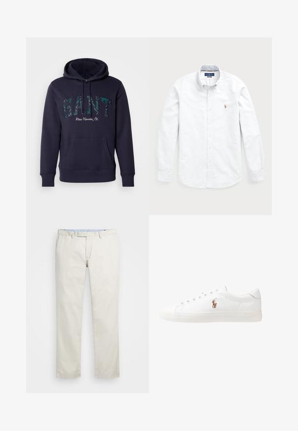 Sweatshirt azul marinho com um bolso à frente, apresentando "GANT" em letras grandes e padronizadas e "New Haven, Ct." em texto menor por baixo.; Camisa branca de mangas longas com botões, feita de algodão. Apresenta um colarinho amplo, fecho de botão e um pequeno logótipo bordado no peito.; Chinos de algodão bege com frente plana, passantes para cinto e bolsos laterais. Design de perna reta com uma textura suave e uma sensação leve e respirável.; Sapatilhas de couro brancas, design de cano baixo, com textura suave, biqueira redonda, atacadores à frente e um pequeno logótipo bordado na lateral.