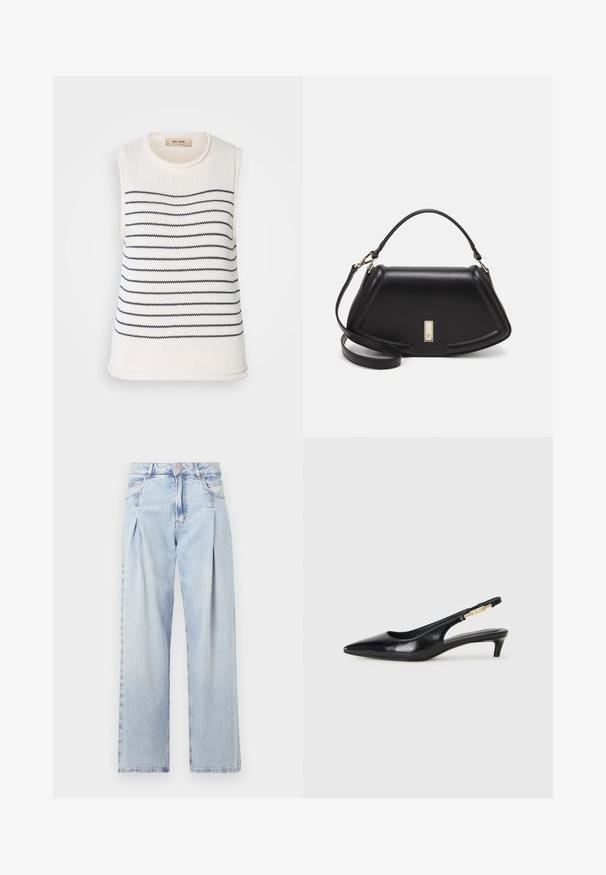 Kreemivärvi ilma varrukateta kudum siniste horisontaalsete triipudega. Tekstuuriga kangas ümmarguse kaeluse ja sirge allääriga.; Heledad sinise denimist valmistatud teksapüksid kõrge vöökohaga, laia jala lõikega, kahe külje taskuga ja pleedi disainiga. Pehme tekstuur ja pleekinud viimistlus.; Mustad nahast slingback kontsad terava ninaga, millel on õhuke konts ja kuldse tooni aktsent reguleeritaval rihmal. Sile tekstuur.; Must mustrist käekott, millel on struktureeritud disain, lühendatud kuju, ülemine käepide ja kuldne metallist detail. Reguleeritav õlalihm on kaasas.