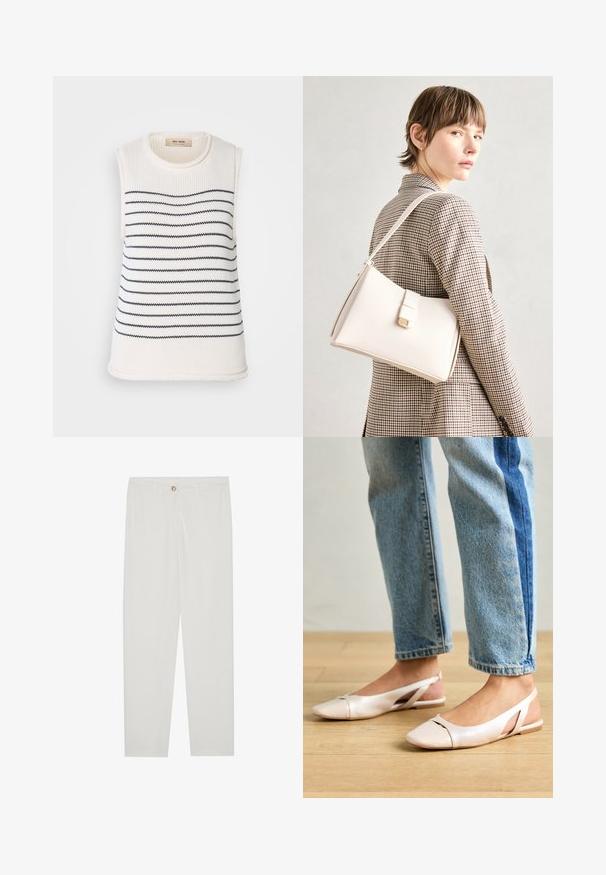 Hihaton neulepaita, vaaleanbeige, jossa siniset vaakaraitoja. Teksturoitu kangas, pyöreä pääntie ja suora helma.; Valkoiset, muotoon ommellut housut, joissa on suora lahjerakenne, napillinen sulkeminen, vyölenkit ja sivutaskut; sileä kangas.; Vaaleanpunaiset slingback-ballerinat, joissa on terävä kärki, valmistettu sileästä nahkamaisesta materiaalista. Sivujen leikkuuyksityiskohdat ja tasapohja.; Valkoinen nahkainen käsilaukku, jossa on jämäkkä muotoilu, magneettinen suljin ja olkahihna, esillä neutraalilla taustalla.