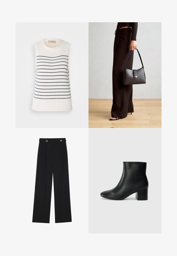 Ärmelloses Stricktop in Creme mit blauen horizontalen Streifen. Strukturierter Stoff mit rundem Halsausschnitt und geradem Saum.; Schwarze weite Hosen mit hoher Taille, Knopfdetails am Bund und vorderen Falten.; Schwarze Leder-Ankle-Boots mit spitzem Zehenbereich und klobigem Absatz. Glatte Textur mit minimalen Akzenten und einem eleganten, taillierten Design.; Schwarze Handtasche mit strukturierter Form, glatter Textur und einem metallischen Verschluss. Kombiniert mit weiten schwarzen Hosen und offenen Sandalen auf einem Holzboden.