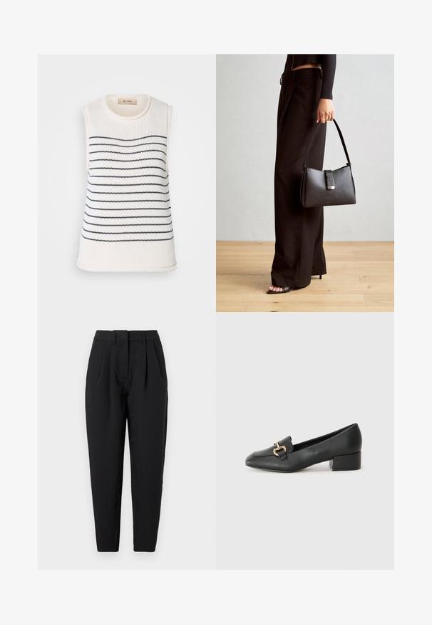 Beiginė be rankovių mezgimo palaidinė su mėlynomis horizontaliomis juostelėmis. Tekstūruota medžiaga, apvaliu iškirpimu ir tiesiu apačios kraštu.; Juodos tiesios kelnės, su klostėmis priekyje, lygia tekstūra ir šoninėmis kišenėmis. Juosmens aukštis standartinis.; Juodi odiniai loaferiai su plokščiu kulnu, su dekoratyvia auksine detalės priekyje ir glotnia tekstūra.; Juodas rankinė struktūrizuota forma, lygi tekstūra ir metalinis užsegimas. Suporuota su plačiomis juodomis kelnėmis ir atvirais bateliais ant medinių grindų.