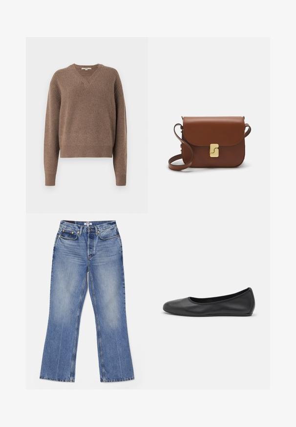 Brūns adīts džemperis ar V veida kaklu, garām piedurknēm un ribotām tekstūrām. Tam ir smalka ģeometriska raksta apdare uz piedurknēm un apakšmalas.; RE/DONE LOOSE - Bootcut piegriezuma džinsi - hacienda; Melna ādas baleta kurpe ar noapaļotu purngalu, gludu tekstūru, minimālu šuvju detalizāciju un elastīgu zoles dizainu.; Bordo ādas rokas soma ar atloku, zeltītām detaļām, plecu siksnu un gludu virsmu. Kompakta, taisnstūrveida forma.