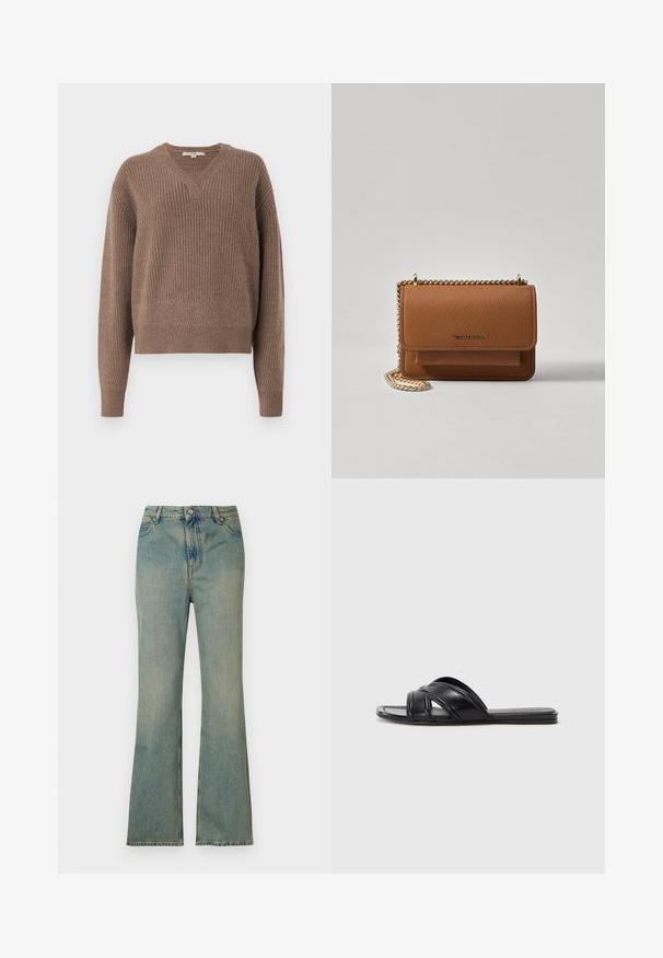 Brown knitted sweater with a V-neck, long sleeves, and ribbed texture. Features a subtle geometric pattern along the cuffs and hem.; Light blue denim flare jeans with a high waist, five pockets, and a zip fly. Clean, faded finish with subtle stitching details.; Black slide sandals with a smooth leather finish, featuring crisscross straps and cut-out details, and a flat, flexible sole.; Brown textured leather crossbody bag with gold chain strap and flap closure. Front features logo detail and a pocket under the flap.