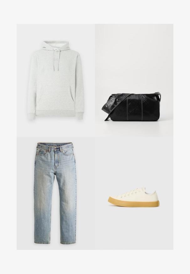 Svetlo sivi dukserica s kapuljačom na šnurice, prednjim džepom, rebrastim manžetama i rubom, s diskretnim logotipom utisnutim na grudima.; Enostavna svetlosiva kratka majica s kratkimi rokavi in krožnim ovratnikom, prikazana na belem ozadju, sprednji pogled brez vidnih logotipov ali vzorcev.; Svetlo modri džins hlače z visokim pasom, sprednjim gumbom, zadrgo in petimi žepi, laid flat na nevtralni podlagi.; Platnene superge v off-white barvi z okroglim nosom, z bež gumijastimi podplati in petimi odprtinami za vezalke, z zrnato površino na zgornjem delu.; Črna usnjena torba za ramo z zadrgo, ki ima teksturirano telo, belo šivanje in trak s srebrnimi luknjami.
