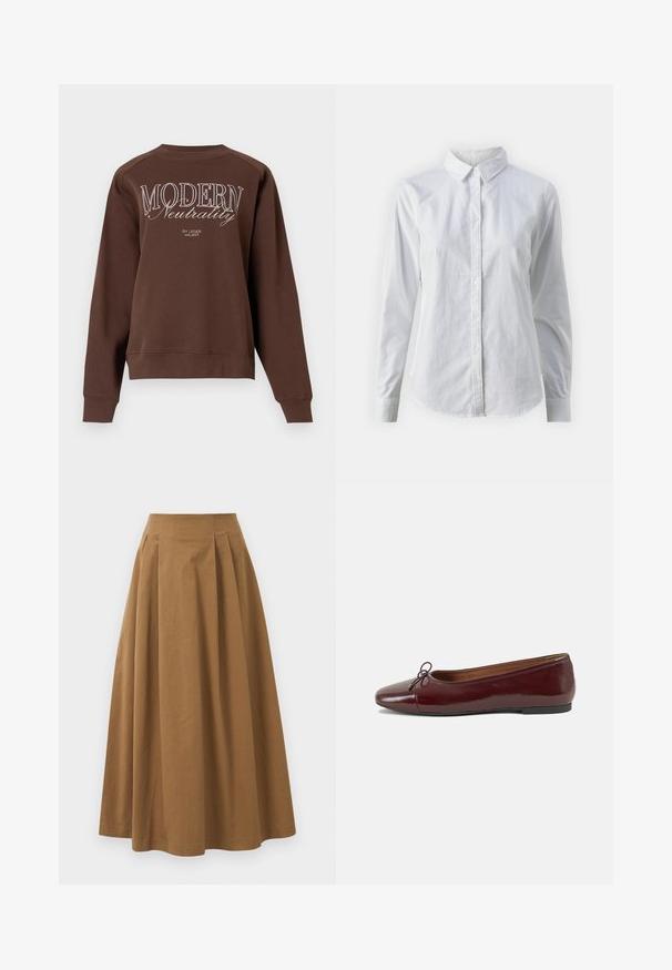Bruine sweatshirt met een ronde hals, lange mouwen en de tekst "MODERN Neutrality" in het wit afgedrukt op de achterkant. Zachte stofstructuur.; Witte overhemd met knopen van glad katoen, met een klassieke kraag, lange mouwen en een afgeronde zoom. De knopen zijn klein en wit.; Bruine katoen A-lijn rok met een hoge taille, voorzien van plooien aan de voorkant en een gladde textuur. De zoomafwerking is schoon en eenvoudig.; Bordeaux gepatenteerd lederen ballerina met een ronde neus, een klein strikaccent aan de voorkant en een lage, zwarte rubberen zool. Glad textuur.