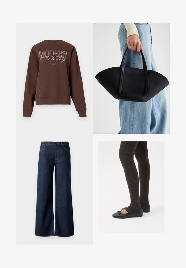 Brūns džemperis ar apaļu kakla izgriezumu, garām piedurknēm un tekstu "MODERN Neutrality" balti uzdrukātu aizmugurē. Mīksta auduma tekstūra.; Platas kājas džinsi tumši zilā denima krāsā. Iespējas ir kontrastējošās vīles, piecas kabatas un pogu aizdare jostasvietā. Gluda tekstūra.; Melnas plakano formas kurpes ar mazu loku uz pirksta, apvienotas ar tumši brūnām ribotām zeķubiksēm. Kurpēm ir gluda tekstūra un zems profils.; Melnas ādas rokassoma ar unikālu ventilatora formu, aprīkota ar plakaniem rokturiem. Virsma ir ar graudainu faktūru un minimālistisku dizainu.