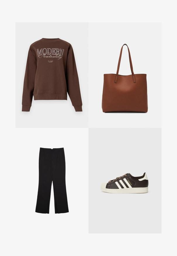 Smeđi dukserica s okruglim izrezom, dugim rukavima i bijelim natpisom "MODERN Neutrality" ispisanim na leđima. Mekana tkanina.; Crne hlače ravnog kroja, s prednjim džepovima i bočnim prorezima na rubu. Izrađene od mekog i glatkog materijala. Pogodne za razne prigode.; Niska Adidas Superstar tenisica od tamnobraon kože s krem školjkastim vrhom, bijelim prugama i natpisom "Superstar" sa strane.; Smeđa kožna torba preko ramena s glatkom teksturom, otvorenim vrhom i dvjema naramenicama. Ima minimalne šavove i nema vidljivog hardvera.