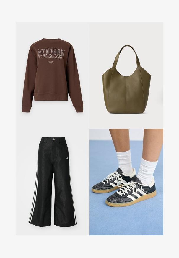 Felpa marrone con scollatura a girocollo, maniche lunghe e la scritta "MODERN Neutrality" stampata in bianco sul retro. Tessuto morbido.; Pantaloni in denim neri a gamba larga con tre strisce bianche su ciascun lato e un piccolo logo bianco. Presentano tasche frontali e chiusura con bottone.; Sneaker in pelle nera con strisce bianche, punta rotonda, lacci bianchi e suola in gomma. Menzionate del collare imbottito e dettagli del marchio.; Borsa tote in pelle verde oliva con doppio manico, texture liscia e design a quattro pannelli. Cuciture rinforzate lungo le cuciture per una maggiore durata.