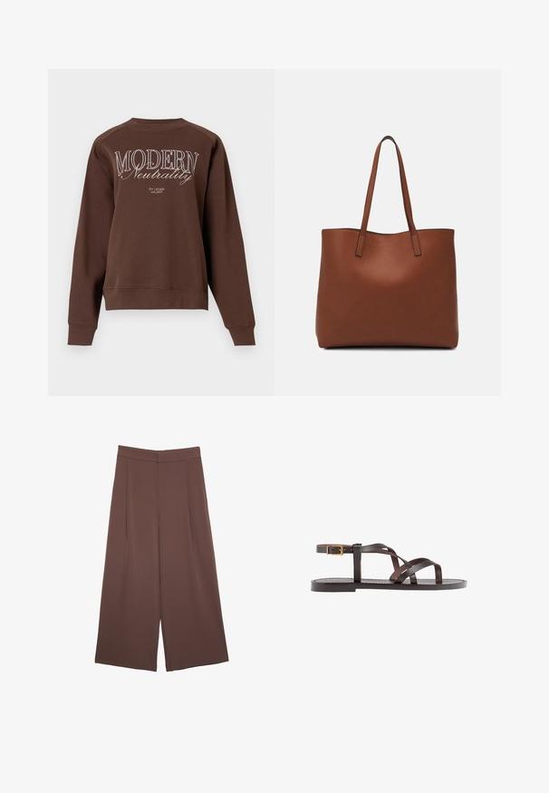 Brun sweatshirt med rund halsudskæring, lange ærmer og teksten "MODERN Neutrality" trykt i hvidt på ryggen. Blød stofstruktur.; Brune bredbunde bukser med en glat tekstur, der har høj talje og plisseringer foran. Stoffet er let og falder løst.; Brune lædersandal med krydsende stropper, ankelspænde og en flad sål med minimale syninger.; Brun læder tote taske med en glat overflade, åben topdesign og to skulderremme. Har minimal syning og ingen synlig hardware.