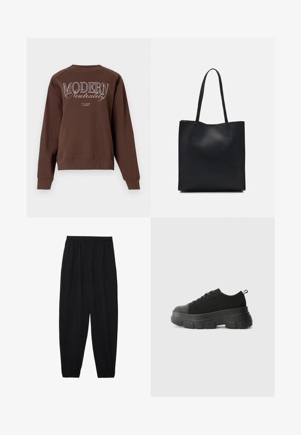 Brązowa bluza z okrągłym dekoltem, długimi rękawami oraz napisem "MODERN Neutrality" nadrukowanym na plecach w białym kolorze. Miękka tekstura materiału.; Czarne, lekkie spodnie z elastycznym pasem i ściągaczami na kostkach. Materiał jest gładki i ma luźny, zwężany krój.; Czarne sneakersy z masywną gumową podeszwą, teksturowaną górną częścią, okrągłym noskiem i sznurowanym zapięciem. Posiadają wzmocnione oczka i pętelkę z tyłu.; Czarna skórzana torba tote o gładkiej fakturze, prostokątnym kształcie i dwóch długich uchwytach. Brak widocznych elementów metalowych i ozdób.