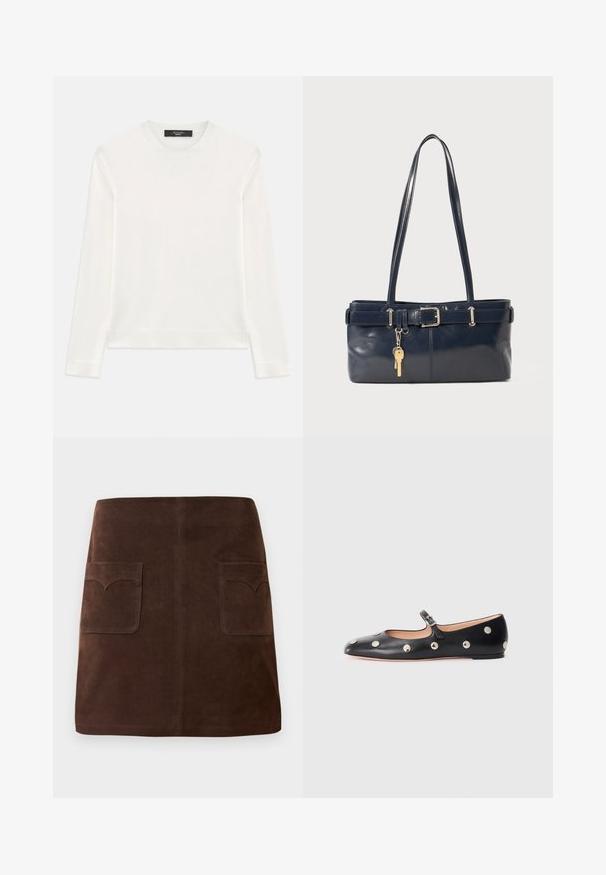 Pull blanc à manches longues en tissu tricoté doux. Il dispose d'un col rond, de poignets et d'un ourlet côtelés. Design sans couture et sans motifs.; Jupe en suède marron présentant une silhouette A-line classique, deux poches avant avec des rabats arrondis et des détails de couture discrets.; Chaussure plate en cuir noir type Mary Jane avec un bout arrondi, ornée de clous ronds en argent et dotée d'une sangle réglable avec une boucle.; Sac à main en cuir bleu marine avec deux longues poignées, un détail de boucle et un porte-clés accroché. Il présente une texture lisse et une forme rectangulaire.