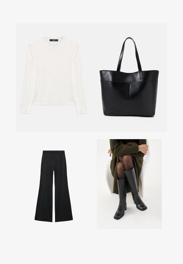 Maglione bianco a maniche lunghe realizzato in morbido tessuto a maglia. Caratterizzato da un collo rotondo, polsini e orlo a costine. Design senza cuciture e senza motivi.; Pantaloni neri a gamba larga con una texture liscia, caratterizzati da pieghe frontali e un design sartoriale. Il tessuto è leggero e fluido.; Stivali neri in pelle alti fino al ginocchio con punta squadrata e tacco a blocco, mostrati con un modello seduto in un cappotto verde oliva. Texture liscia, dettagli minimi.; Borsa a tracolla in pelle nera con due manici lunghi, una texture liscia e una forma strutturata. Presenta una tasca frontale per ulteriore spazio di archiviazione.