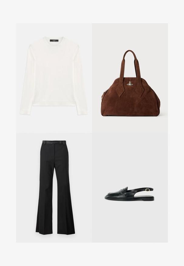 White long-sleeve sweater made of soft knit fabric. Features a round neckline, ribbed cuffs, and hem. Seamless design without patterns.; Black flared trousers with a smooth fabric finish, featuring a solid waistband and pressed creases for a tailored appearance.; Black leather slingback shoe with a rounded toe, flat sole, side cutout, and strap featuring a gold-tone hardware detail.; Brown suede handbag with a structured shape, rounded body, and elongated diamond-shaped handles. Features a silver hardware closure.; WEEKEND MaxMara SENAPE - Gloves - nero